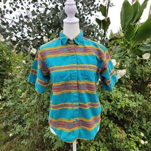 Vintage 80s Western Turqouise Aztec Shirt Button down Rodeo Small